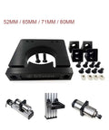 Sturdy Spindle Mount Kit With Split Clamp Design Fits 52mm 65mm 71mm And 80mm Aluminum Alloy Bodies For CNC Routers and Milling Machines. Image of mount and accessories.