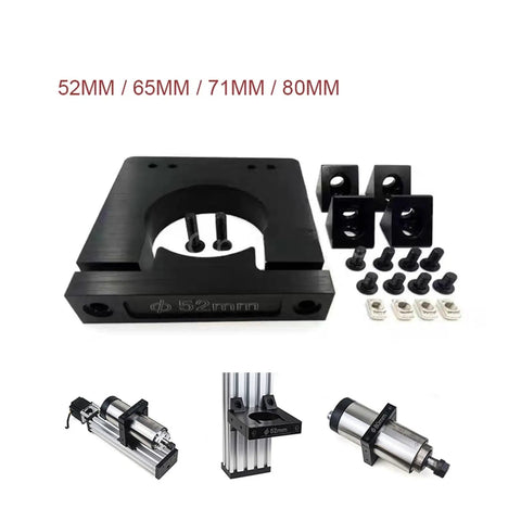 Sturdy Spindle Mount Kit With Split Clamp Design Fits 52mm 65mm 71mm And 80mm Aluminum Alloy Bodies For CNC Routers and Milling Machines. Image of mount and accessories.