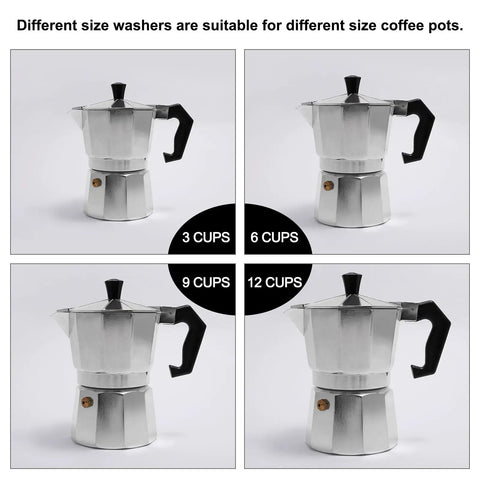 Aluminum coffee pots in 3, 6, 9, and 12 cup sizes, suitable for Silicone Gasket Seal For 1 Cup Coffee Maker Replacement Ring 38x50x2.2mm Aluminum Pot Pack Of 3 High Temperature Resistant Leak Proof Seal For Espresso And Office Coffee Machines.