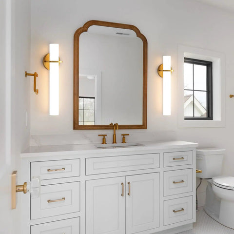 Two Pack Gold Bathroom Wall Sconces 18 Inch Modern LED Dimmable Wall Lights With Acrylic Lampshades Brushed Gold Finish over vanity