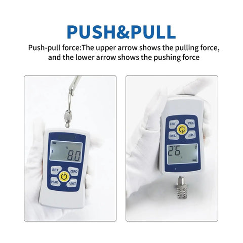Digital Force Gauge Dynamometer For Push And Pull Testing Budget Friendly 500N Unit, front view with hook and spring