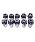 Precision ER16 Spring Collet Chuck Set With Secure 1/4 1/8 Inch And 6mm 6.35mm Collets arranged in a row.