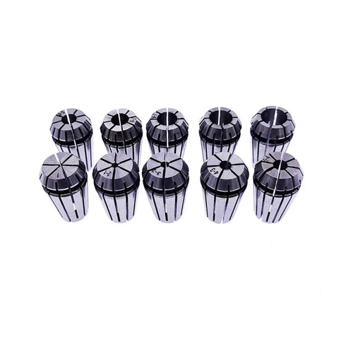 Precision ER16 Spring Collet Chuck Set With Secure 1/4 1/8 Inch And 6mm 6.35mm Collets arranged in a row.