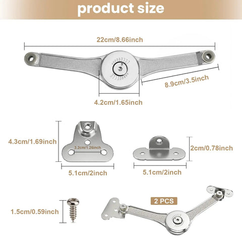 Dimensions of 2 Pack Adjustable Lid Support Hinges for Wooden Toy Boxes with diagram of metal pieces and screw.