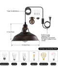 Industrial Pulley Pendant Light With Plug In E26 Socket Vintage Hanging Lamp diagram with 16.4 ft cord, aged bronze finish.