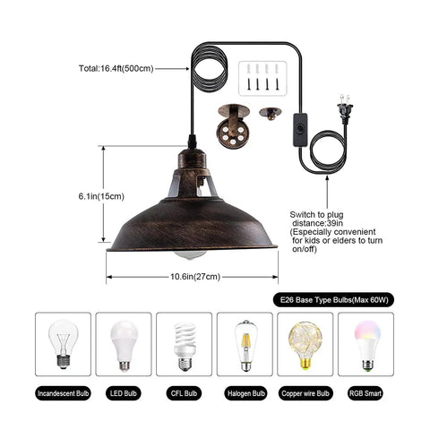 Industrial Pulley Pendant Light With Plug In E26 Socket Vintage Hanging Lamp diagram with 16.4 ft cord, aged bronze finish.