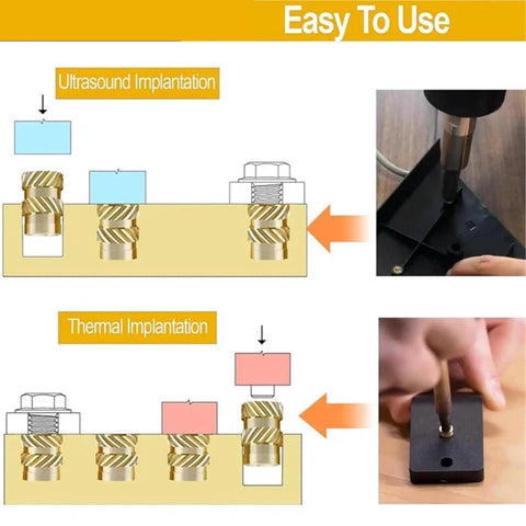 Diagram showing ultrasound and thermal implantation of Two Sets Insert For 3D Printing Tip Tool Brass Threaded Knurled Nuts Assortment Kit M3 150 Pieces Great For DIY 3D Printer Projects With Grippy Non Slip Fit And Fast Solid Holding Power