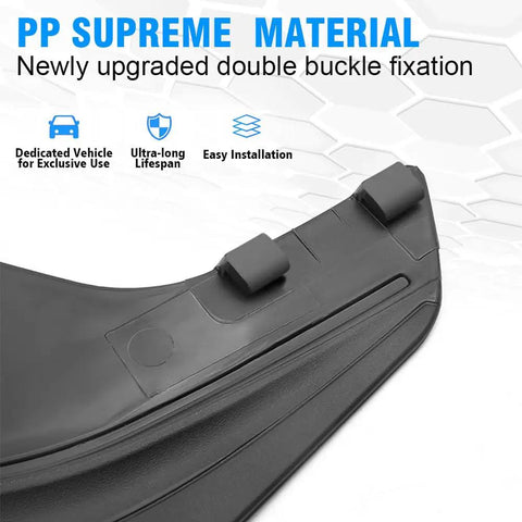 Custom Fit Splash Shields For Tesla Model Y 2020 To 2024 showing upgraded double buckle fixation detail.