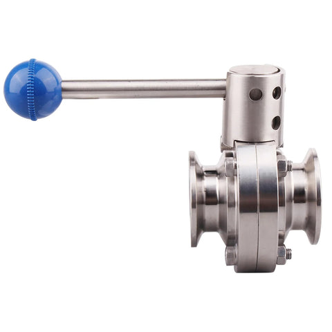 Sanitary butterfly valve, stainless steel with tri-clamp ends and blue pull-handle, side view
