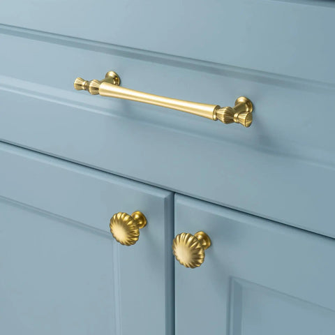 Top Tier Brushed Gold Cabinet Pulls With Five Inch Mounting Centers And Solid Metal Build For Kitchens And Baths featuring classic design.