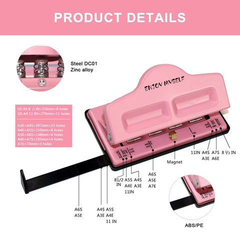 Mushroom Discbound Hole Punch For Four Holes Adjustable Paper Puncher in pink finish, showing adjustable gauge and parts details.