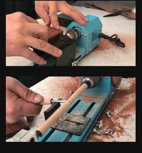 Slick Compact Mini Wood Lathe Machine With Multi Purpose Turning And Milling Kit For Polishing Grinding And Cutting 24V DC 96 Watt 7 Speeds Right Out The Box Ready in use with wood shaping.