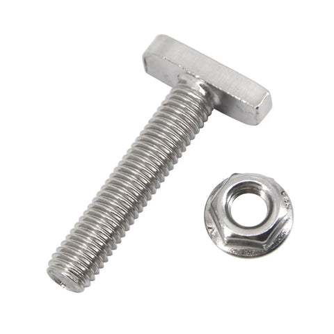 Workhorse M8 X30mm T Slot Drop In Bolt Set With 304 Stainless Steel T Shaped Screws And Hexagon Flange Nuts for mounting.