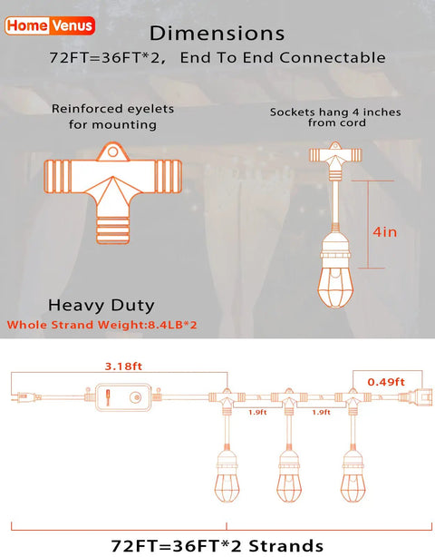 Diagram showing dimensions of 72 Ft LED Outdoor String Lights Two 36 Ft Strands Color Changing RGBW Patio Lights with socket details