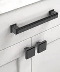 Matte Black Kitchen Cabinet Pulls Set Of 10 5 Inch Metal Cabinet Handles For Cupboards And Drawers Rust Proof Non Toxic Durable Hardware Easy Installation shown on white cabinet