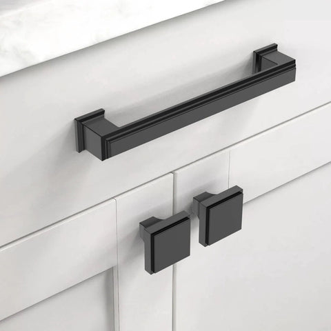 Matte Black Kitchen Cabinet Pulls Set Of 10 5 Inch Metal Cabinet Handles For Cupboards And Drawers Rust Proof Non Toxic Durable Hardware Easy Installation shown on white cabinet