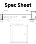 Spec sheet diagram for Rock Solid 12X12 Flush Metal Access Panel detailing installation features and dimensions.