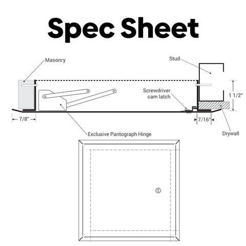 Spec sheet diagram for Rock Solid 12X12 Flush Metal Access Panel detailing installation features and dimensions.