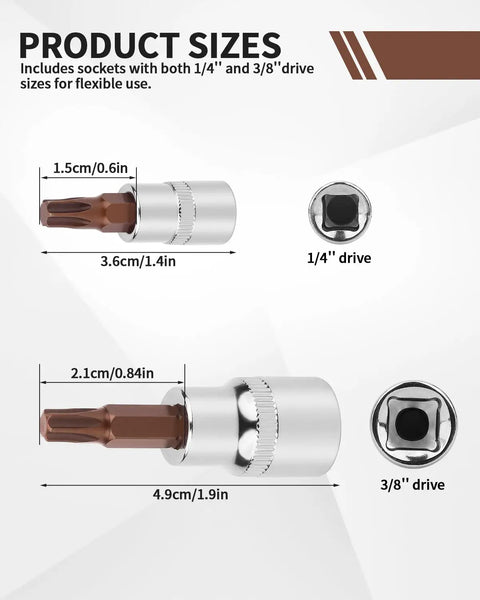 Dimensions of Torx T30 Socket Set Six Piece With One Quarter Inch And Three Eighth Inch Drives S2 Steel Star Sockets shown
