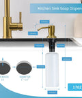Gold Kitchen Faucet With Soap Dispenser And Pull Down Sprayer, showing dimensions and features; 170Z size description included.