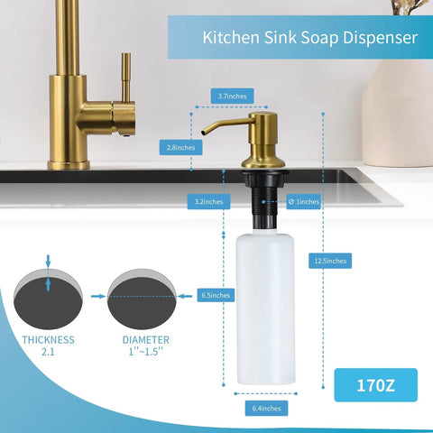 Gold Kitchen Faucet With Soap Dispenser And Pull Down Sprayer, showing dimensions and features; 170Z size description included.