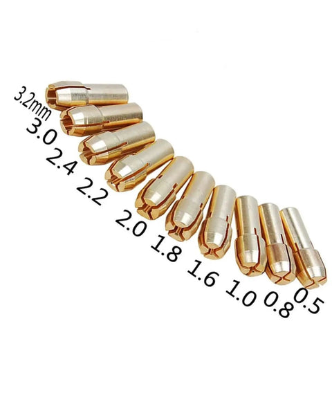 Six Sets Brass Collet Set For Mini Drill Chucks 0.5 To 3.2mm Rotary Tool Kit showing 10 brass collets with size markings from 0.5 to 3.2mm.