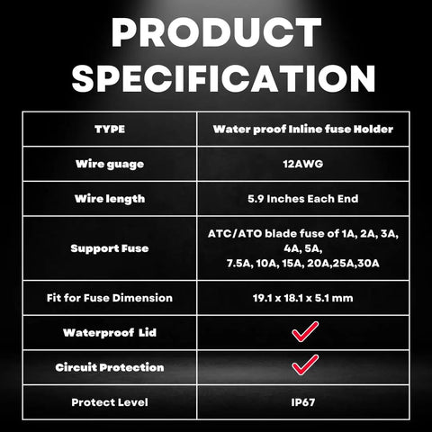 Kickass Rig Ready IP67 Waterproof Inline ATO ATC Blade Fuse Holder 30 Amp specifications table for auto and marine use.