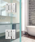 Heavy Duty Stainless Steel Frameless Glass Shower Door Hinge Two Way Pivoting Silent Closure, close-up view in modern bathroom setting.