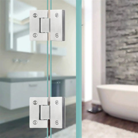 Heavy Duty Stainless Steel Frameless Glass Shower Door Hinge Two Way Pivoting Silent Closure, close-up view in modern bathroom setting.