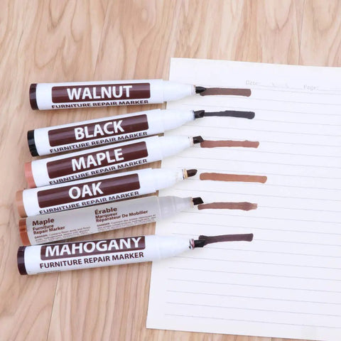 Wood repair markers in walnut, black, maple, oak, and mahogany shades with test lines. Walnut Wood Repair Marker Upgrade Kit For Fast Furniture Scratch Fix Pen With Wax Sticks And Sealant Easy DIY Restorer For Floors Cabinets Tables Beds And Cars Nicks Discoloration And Scratches Busted.