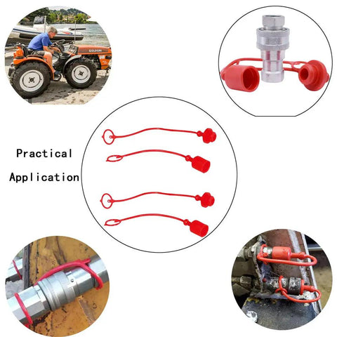 Two Pack 3/4 Inch Hydraulic Quick Coupler Dust Cap Covers For ISO A And ISO B Quick Disconnects, tearproof red caps in use