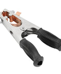 Solid US Style 500A Ground Clamp Welding Earth Clip With High Conductivity Copper Build And Electroplated Finish For Durable Manual Welder Jobs That Really Hold Up, detailed view of clamp with copper and black rubber grips.