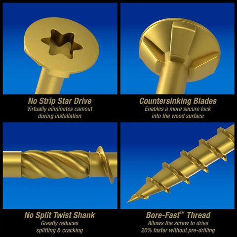 Detailed view of Go-To Exterior Wood Screws 4 Inch Size 10 By Bronze Deck Screw Set showing star drive, shank, threading, countersink.