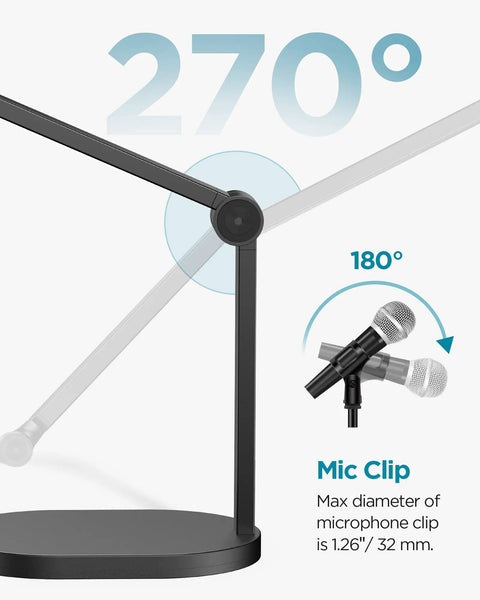 Diagram showing Heavy Duty Studio Mic Arm Stand For Desktop With Solid Steel Base, supports 2.64 lbs, 270° arm rotation, 180° mic clip.