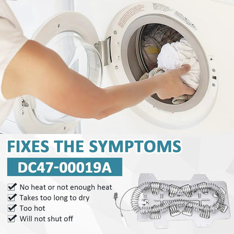 Person loading dryer with clothes, showing Dryer Heating Element Replacement DC47 00019A For 240V 5300W Dryers No Hassle Easy Install Durable