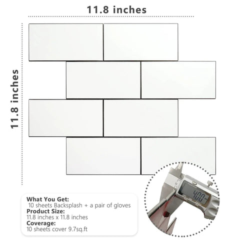 Subway Tile Peel And Stick Backsplash Kit With 10 Sheets In Polished White Ceramic Look Wall Tiles dimensions and thickness shown