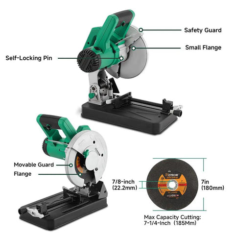 7-Inch Metal Cutting Chop Saw With 1500W Copper Motor, Heavy-Duty Electric Cut Off Machine showcasing safety guard and flange details.