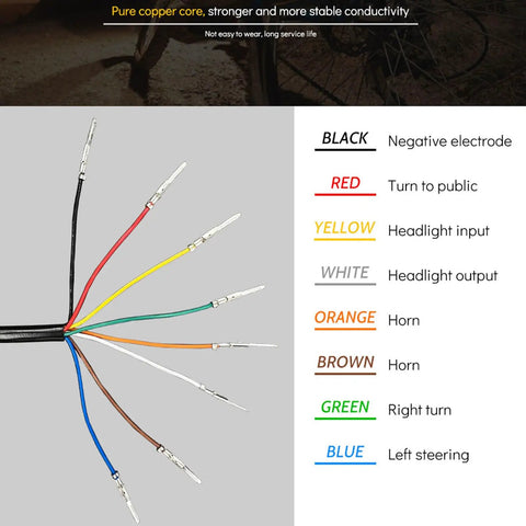 Wiring diagram for 3 In 1 Ebike Light And Horn Switch With Turn Signal For Electric Bikes And Scooters Headlight On Off Control Pro Grade Ride Ready Durable Front Light And Horn Button Easy Install Fits Most E Bike Models DK336 showing seven colored wires labeled by function.