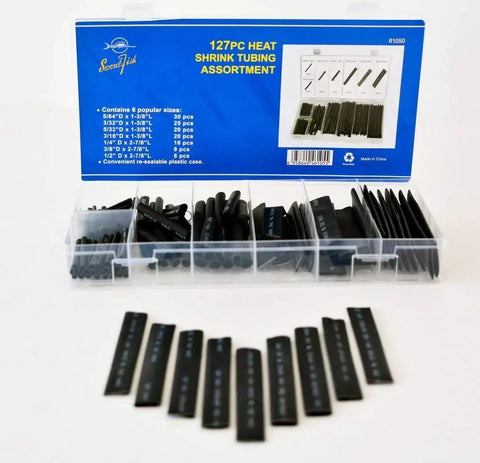 2 To 1 Heat Shrink Tubing Kit For Wires And Cables, 127 Piece Assortment Of Wire Wrap Sleeve In Seven Sizes Displayed in Box