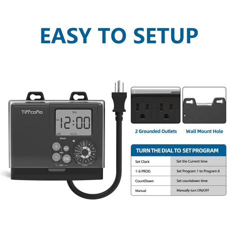 Hassle Free Digital Outdoor Timer with large display, dual grounded outlets, and weatherproof design for outdoor use.