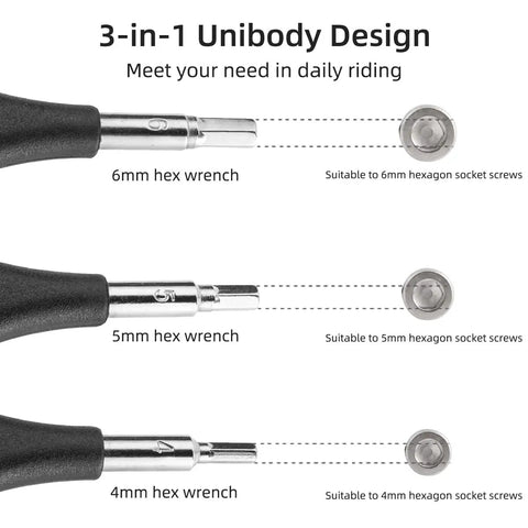 3 In 1 Allen Wrench Set Built Tough For DIY Projects And Bike Repair with 6mm, 5mm, 4mm hex wrenches shown in unibody design