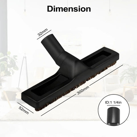 32mm 1 1/4 Inch Vacuum Attachment For Hardwood Floors - Deluxe Extra Large Hardwood Brush shown with dimensions and horsehair bristles