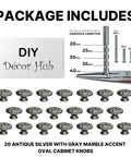 Solid Set Of Twenty Antique Silver And Gray Marble Oval Ceramic Cabinet Knobs Serving Dope Vintage Vibes That Will Level Up Your Kitchen Bedroom Or Bathroom Vanities Today, showing package contents and screws.