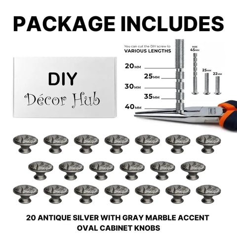 Solid Set Of Twenty Antique Silver And Gray Marble Oval Ceramic Cabinet Knobs Serving Dope Vintage Vibes That Will Level Up Your Kitchen Bedroom Or Bathroom Vanities Today, showing package contents and screws.