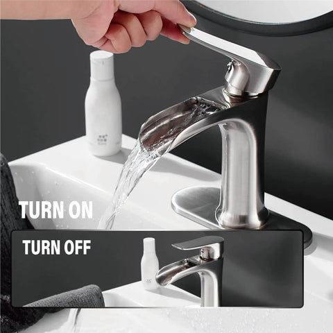 Brushed Nickel Waterfall Bathroom Faucet for Sink With 4 Inch Deck Plate Single Hole Or 3 Hole Setup Farmhouse RV Brass Faucet Easy Install Anti Splash Filtered Spout Modern Bathroom Upgrade in use