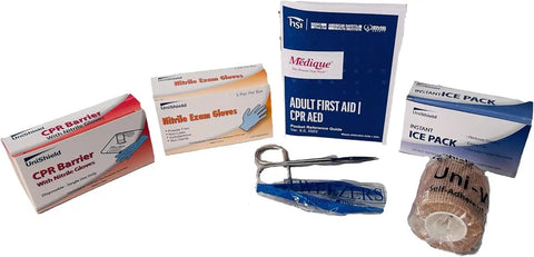Heavy Duty Class A First Aid Refill Kit Loaded With Essential Tablets And Emergency Medical Gear For Restaurants And Local Shops Without Cabinet including CPR barrier, gloves, ice pack, and first aid guide.