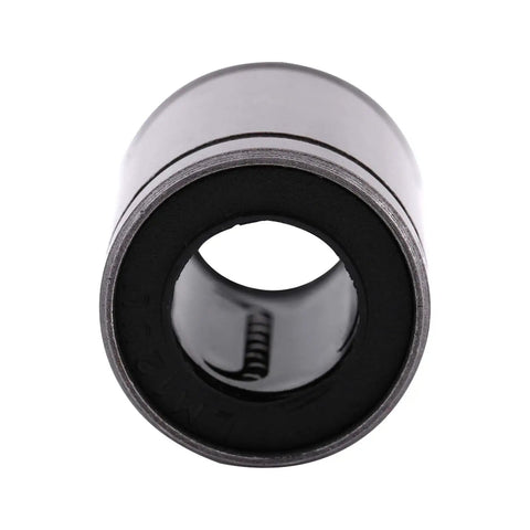 Close-up of a Ten Pack 12mm LM12UU Linear Motion Ball Bearing, showing steel seal and open end for CNC rod guides and 3D printer builds.