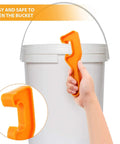 Hand using orange plastic opener from 4 Pack Plastic Bucket Lid Openers For 5 Gallon Paint Cans Easy Lid Remover Wrench Tool