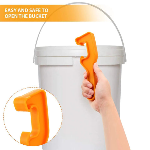 Hand using orange plastic opener from 4 Pack Plastic Bucket Lid Openers For 5 Gallon Paint Cans Easy Lid Remover Wrench Tool