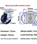 Four Pack Heavy Duty Flat Top Plate Caster Wheels With Dual Swivel And Double Wheel Brakes showing dimensions and specifications.